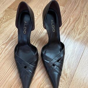 ALDO Black Pointed Leather D'Orsay Cross-Strap Heels
